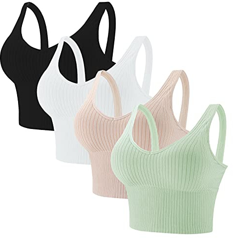 Eleplus 4 Pieces Comfy Cami Bras for Women Tank Crop Top with Built in Bra Yoga Longline Padded Lounge Bralette Pack (mix1, S-M)