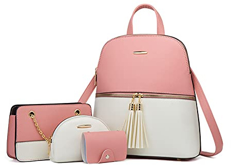 NICOLE & DORIS Mochila Mujer Bolso Mochila Mujer Pequeño Casual de Moda Antirrobo Mochilas Cuero PU Backpack Establecer 4 en 1 Blanco con Polvo