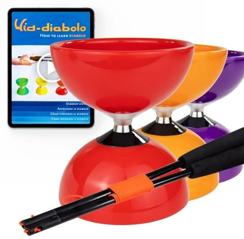 Juggle Dream Carousel Diabolo Jonglage Kit - Essieu Triple Roulement à Billes + Diablo Baguettes Superglass, Vidéo d'apprentissage en Ligne (Rouge)