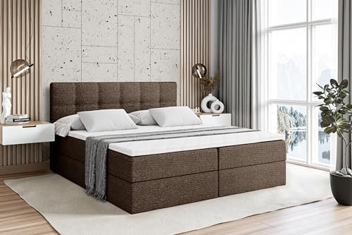 ALTDECOR Boxspringbett mit Matratze und Lattenrost, Boxbett, Topper, Polsterbett mit Bettkasten, Bett mit Stauraum H3-Matratze, Doppelbett, Springboxbett - Marce - 180x200 - Braun
