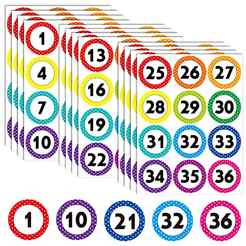 144 runda nummerklistermärken, 12 på varandra följande ark med prickar, nummer 1–36 självhäftande nummeretiketter med PET-film för inomhus, kontor, klassrum, förvaring, lådor