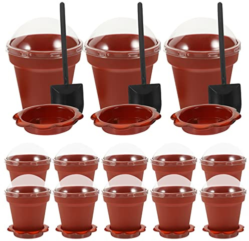 Kichvoe 25 Sets 4Oz Mini Flowerpot Dessert Cups with Lids and Ice Cream Shovels Reusable Plastic Mousse Yogurt Pudding Serving Cups for Parties Weddings and Banquets
