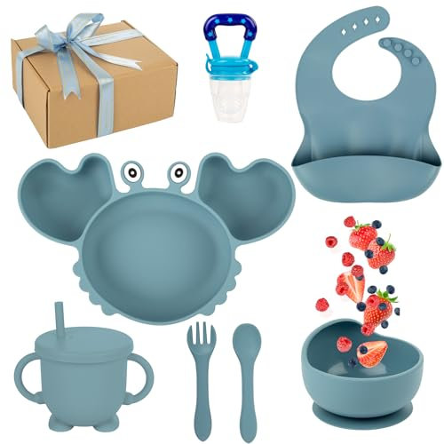 DIVERGIANA - Vajilla bebe silicona 9 piezas azul - platos bebe- BLW- baby led weanning bebe 6 meses- chupete fruta-cuenco con ventosa-cubiertos bebe-vajilla silicona bebe regalo- vajilla bebe ventosa