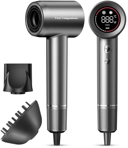 Cosy Companions Hair Dryer - Negative Ionic Blow Dryer with 150000 RPM High Speed Brushless Motor for Fast Drying, Low Noise, HD Display Hair Dryer with Diffuser and Nozzle, 5 Temps & 2 Speeds