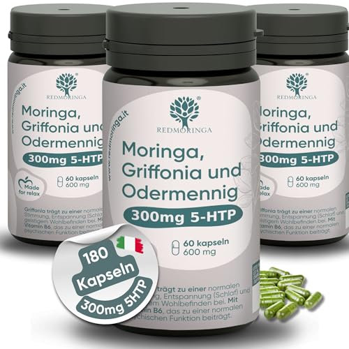 5 HTP Kapseln Hochdosiert 300mg aus Griffonia - Für Unterstützung des Seratoninspiegels - Komplex mit Agrimonia Bachblüte, Vitamin B6 & Bio Moringa - 180 Vegane Kapseln - Made in Italy