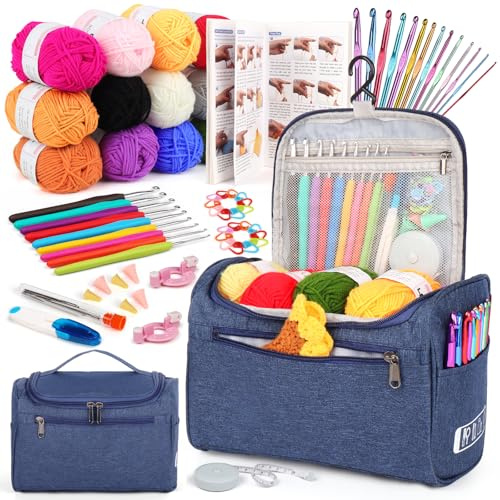 Aeelike Crochet Kits for Adults Beginners Crochet Kit with 12Pcs x 25g Crochet Yarns Instruction Ergonomic Metal Crochet Hooks 2mm-10mm Knitting Accessories Storage Bag Crochet Starter Kit - Navy Blue