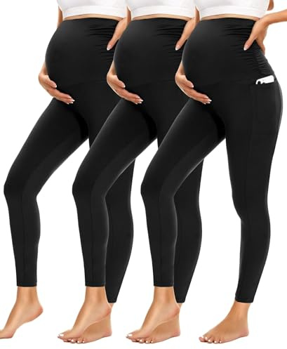 HIGHDAYS Womens Maternity Leggings with Pockets Over The Belly,3 Packs Pregnancy Soft Workout Activewear Yoga Tights Pants
