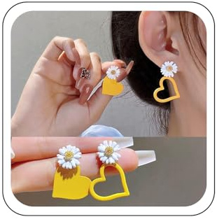 Wendalern Boucles d'oreilles bohèmes en forme de marguerite et de fleurs asymétriques en forme de cœur ouvert boucles d'oreilles pendantes dépareillées en forme de cœur jaune bijoux pour femmes