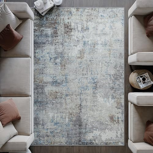 artyrugs Machine Washable Rug, 200x290cm, 75% Recycled Cotton, Short Pile, Non-Slip Backing, Non-Shedding, Suitable for Living Room, Bedroom, Kitchen, Hallway, Office, Atlantis Blue & Brown