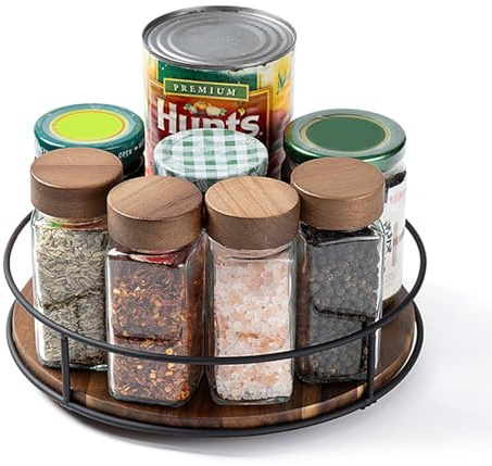 Trä roterande tallrik organisatör 30 cm multifunktionell vridbar bricka & vridbar kök kryddhylla roterande organisatör, kryddhållare vridbar köksförvaring (trä + rostfritt stål, 22,5 cm)