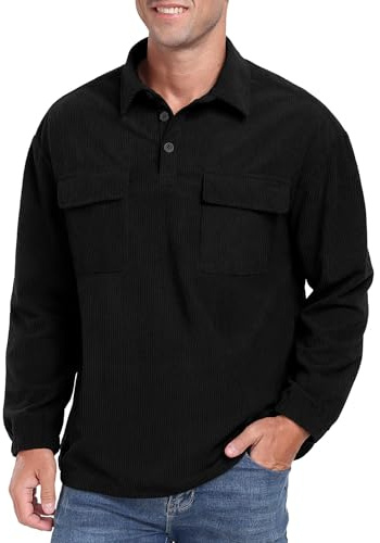 Hisir Magliette da Uomo Felpe con Cappuccio UK Magliette da Uomo con Collo a Polo Invernali in Cordura a Maniche Lunghe per Uomo, Nero , XL
