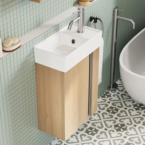 BRIDGE BENO Mueble de Baño 40 cm con Lavabo – Mueble Pequeño y Funcional, Ahorra Espacio con Almacenamiento, Aseo de Invitados, Golden Sand