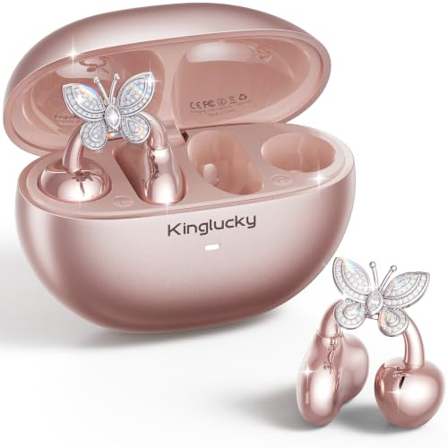 Kinglucky ClipFree, cuffie aperte con orecchini a farfalla, ultra comode e aderenti, con clip, 50 ore di autonomia, Bluetooth 6.0, wireless, per donne, sport, occhiali, idea regalo (oro rosa)
