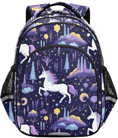 CHIFIGNO Kinder-Rucksack für Schule, Büchertasche für Mädchen, Jungen, Kinderrucksack, Schultaschen mit reflektierenden Streifen, bunte Einhörner, lila, bunte Einhörner, lila, Größe M, Tagesrucksäcke