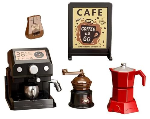 KARLOR Set di macchine da caffè in miniatura, 5 pezzi, mini accessori da caffè, con macchina per espresso, macinacaffè, brocca in miniatura, mobili da cucina, stoviglie da giardino, mini negozio, casa