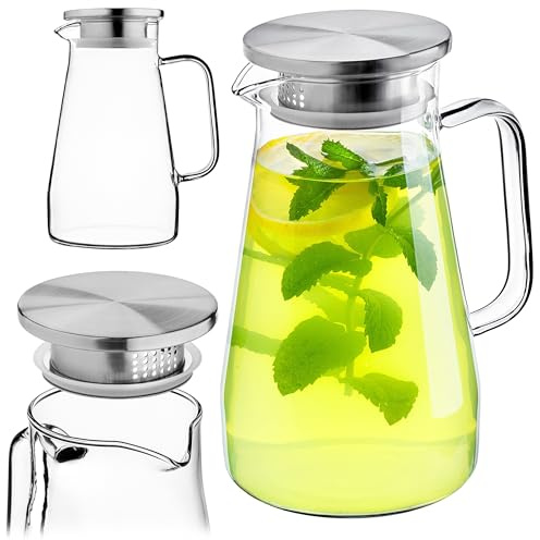 KADAX Glaskaraffe 1.5L, Wasserkaraffe mit Sieb und Deckel aus Edelstahl, Karaffe aus Glas, Glaskrug für Wasser, Wasserkrug aus Borosilikatglas, Glaskanne