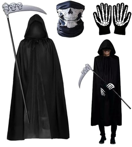 Halloween Costumes Cape Set - 140cm Balck Halloween Hooded Cloak with Gloves Sickle - Cloak with Hood for Adult Mens Women for Cosplay Themed Parties Accessories