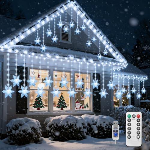 BomKra Christmas Window Lights 144 LED 16 Snowflake Curtain String Lights with Remote Timer 8 Modes Christmas Decorations Waterproof Icicle Lights for Window, Garden, Party, Bedroom, Patio Decoration