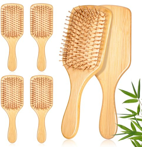 6 Pcs Natural Bamboo Hair Brushes for Scalp Massage & Detangling, Anti-Static Wooden Paddle Brush with Ergonomic Handle and Bamboo Bristles, DIY Engraving Gifts, 9.65”x3.35”