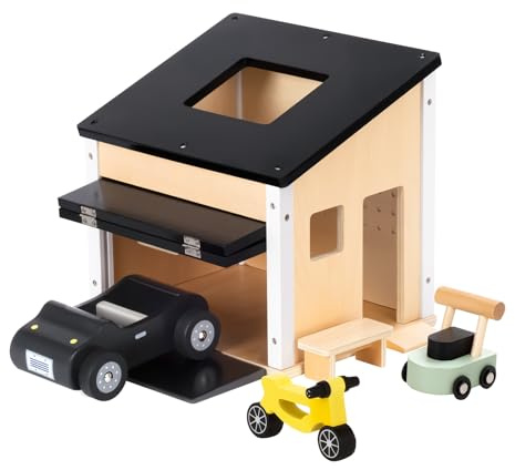OOOK Wooden Dollhouse Garage Set Includes Workbench, Lawn Mower, Bicycle and Car, Dollhouse Furniture & Accessories for Kids