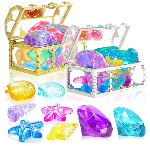32 PCS Juguetes de Buceo en Piscina Buceo Colorido Varias Formas Juguetes de Diamantes con Caja de Pirata del Tesoro Plástico Subacuático Piscina para Niños Pequeños Playa para Niños Niñas