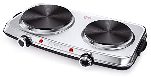 SUNAVO Hot Plates for Cooking, 1800W Electric Double Burner with Handles, 6 Power Levels Stainless Steel Hot Plate for Kitchen Camping RV Cast Iron