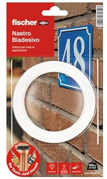 Fischer 3 metros de cinta adhesiva de doble cara transparente de montaje en pared, hasta 300 kg por rollo, no deja residuos, interior/exterior, fijación de espejos, marcos, tomas eléctricas, etc.