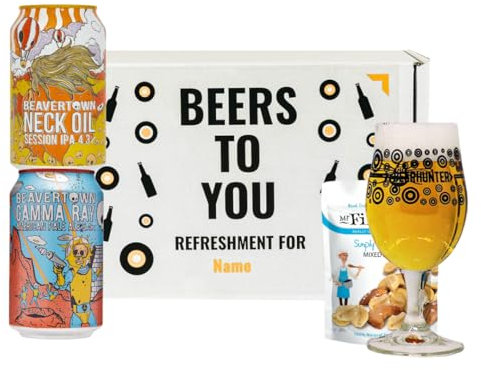 Personalised Beavertown British Craft Beer Gift Set – 2 x 330ml Cans (Gamma Ray & Neck Oil) with Beerhunter Glass & Mr Filberts Snacks | Custom Beer Gift for Him or Her