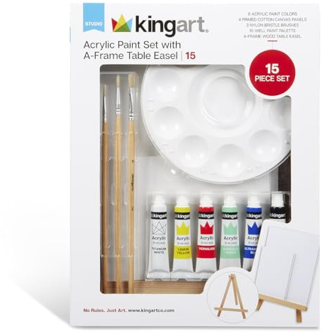 KINGART 15-Piece Artist Painting Set with 6 Vivid Acrylic Paint Colors, 12 Easel, 4 Canvas Panels, 3 Brushes, Painting Palette - School, Students, Adults, Gift Giving