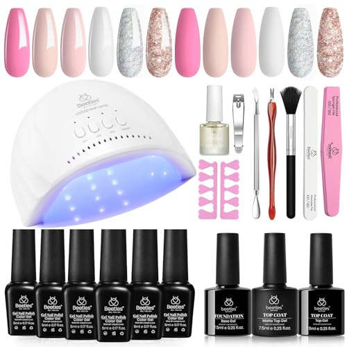 Beetles Gel Polish 6 Colours Nail Starter Kit Salon Set with 48W Nail Lamp | Pink Decorations French White Glitter Pink Nude Gel Nail Polish with Base Top Coat Nail Manicure DIY