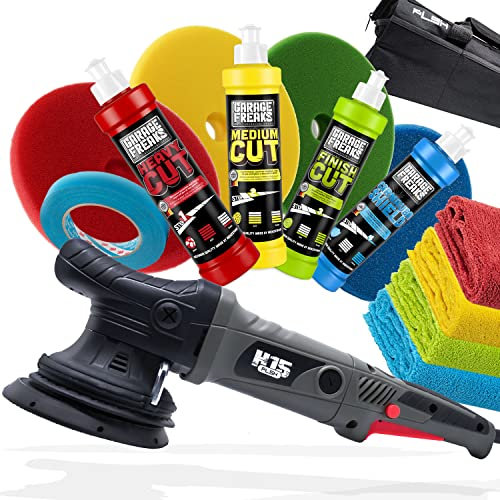detailmate Auto Polier Set: PLSH H15 Exzenter Poliermaschine + Garage Freaks made by menzerna Heavy Cut - Medium Cut - Finish - Carnauba Wachs + 4 passende Polierpads + 3M Band + 4 Mikrofasertücher