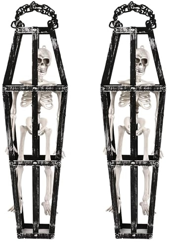 Hanging Skeleton Coffin Decoration - Black Coffin Shaped Cage With Skeleton Trapped Inside - Perfect Halloween Decoration for Parties and Trick or Treating - Pack of 2