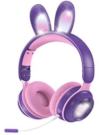 Barnhörlurar, Bluetooth 5.0-hörlurar med Kaninöra, Over Ear LED-ljus Hopfällbart Trådlöst Headset, Stöd TF/AUX, Presenter Till Barn, Småbarn, Tonåringar(Lila)