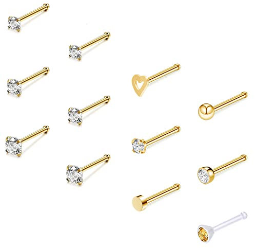 ZS 12 Stück 20G Nasenstecker Ringe – Chirurgenstahl L Form Nasenpiercing Stecker CZ Nase Piercing Schmuck für Damen Herren (Gold, Gerade)