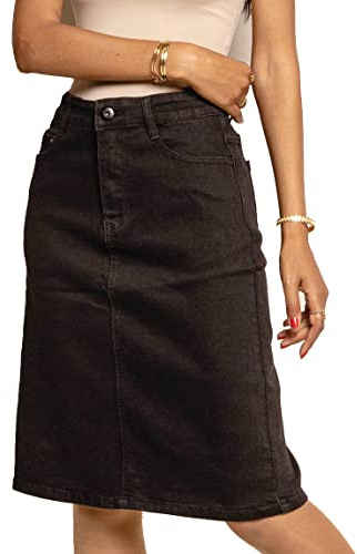Van Der Rich ® - Falda de Estilo Vaquero a la Rodilla Tejido Elástico - Mujer (Negro,40)