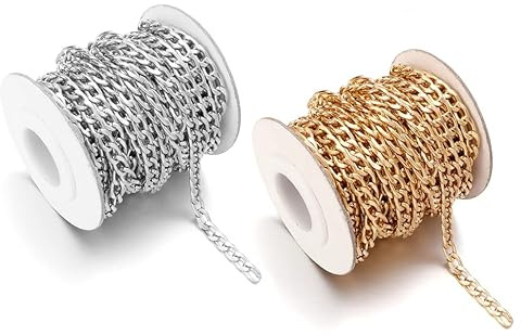 DBAILY Catene a Maglia Intrecciata In Alluminio,2 Rotoli Catene Di Cordoli Non Saldatonon Sbiadire Accessori Per Gioielli Per Fai Da Te Gioielleria Catena Della Borsa Collana 7 x 4mm×5m(Oro,Argento)