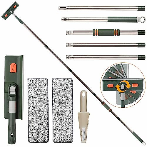 Abzieher Fensterreiniger ausziehbar 230 cm, professioneller Abzieher Duschreiniger, verstellbares Fensterschrubber Reinigungsset für Glas, Auto, Boden, mit 1 Ersatz-Mikrofaserpads + 1 Bürste
