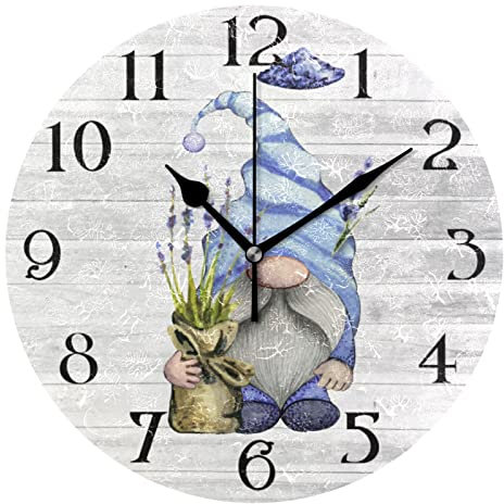 FJAUOQ Gnome, orologio da parete in legno di lavanda viola 9,5 in orologi silenziosi da fattoria orologio rotondo da bagno batteria
