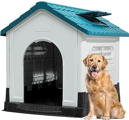 YITAHOME 41.3'' Folding Large Dog House Outdoor Plastic Doghouse with Adjustable Skylight and Elevated Base Water Resistant Pet House for Small, Medium, and Large Dogs (41.3''L*34.6''W*39''H)