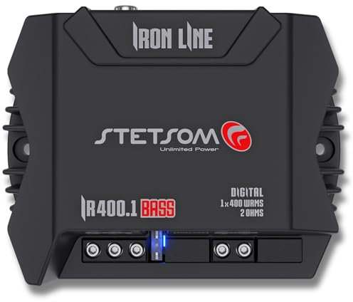 Stetsom IR 400.1 BASS 2 Ohms - Amplificatore Sub Digitale Iron Line, 2Ω Stabile, Mono Car Audio, 400 Watt RMS, Amplificatore digitale compatto, Qualità del suono a gamma completa, Crossover, Bass