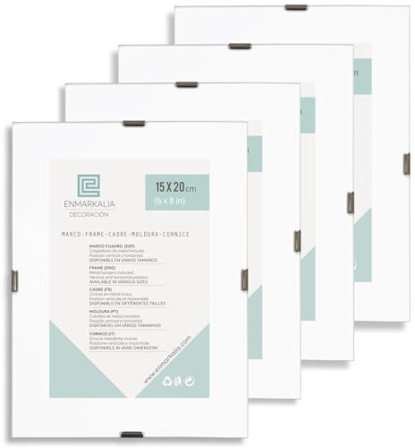 PACK X4 - 15x20 cm Marco Clip de cristal - portafoto sin marco - soporte para fotos, diplomas y certificados - cristal con cantos pulidos - incluye peana para ponerlo de pie y colgadores de pared.