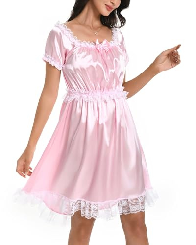 Satini Lingerie Raso Femminuccia Babydoll Balze con Volant Pizzo Sottogonna Indumenti da Notte Abito (Rosa Pastello, XL)