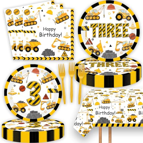 51 Pcs Construction 3rd Birthday Party Supplies Dump Truck Three Years Old Tablecloth Paper Plates Napkins Forks Dinnerware for Construction 3rd Birthday Party Supplies Decorations