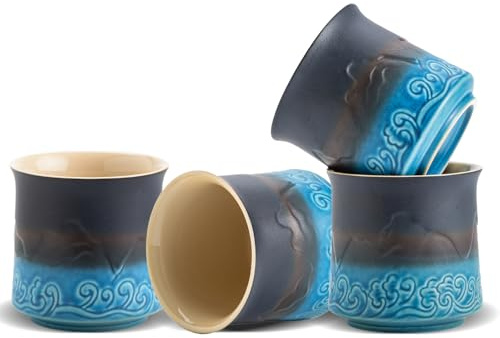 ZENS Japanische Teetassen 4er Set, 240ml Ästhetik Geprägte Tassen für Matcha Tee, Traditionelle Japan Tassen Ohne Henkel, Teeliebhaber Geschenke, Marineblau