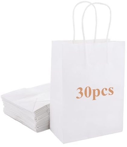 ASelected 30Pcs White Paper Bags with Handles, 15x8x21CM White Gift Bags Small Kraft Paper Party Bags for Birthday, Weddings, Shopping, Graduation, Christmas
