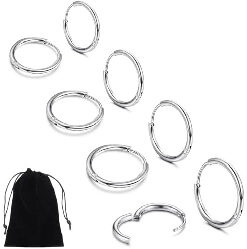 ZKGYUS 4 pares de pendientes de aro de plata para hombres y mujeres, ligero, cartílago, hipoalergénico, 8-14 mm, acero inoxidable Pequeño