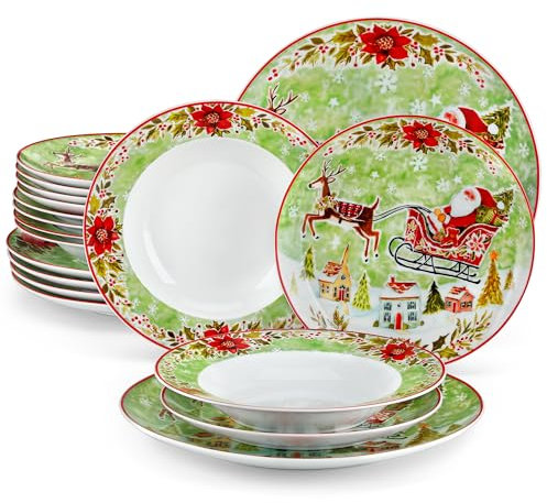 VEWEET, Serie XMAS, 18-teiliges Porzellan Weihnachtsgeschirr Set für 6 Personen – Teller Set aus 6 Speiseteller, 6 Dessertteller, 6 Suppenteller, Weihnachtsgeschirr mit Weihnachtsmann und Rentiere