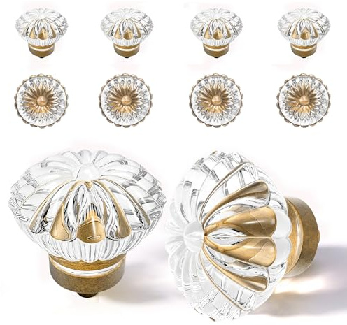 CEYMIO Crystal Cabinet Knobs Cabinets Knob, 8 Pack Flower Antique Brass Vintage Glass Clear Crystal Small Pull for Closet Dresser Drawers Cupboard,Retro Pulls Old Style Bronze Drawer Handle