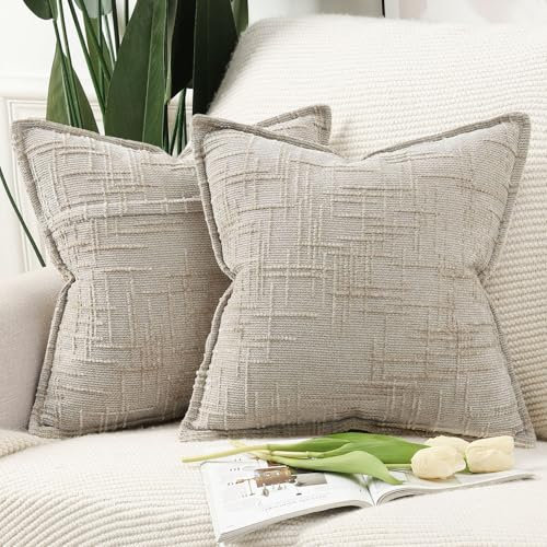 Madizz 2er Set Chenille Dekorativ Kissenbezüge Weiche neutrale Wurfkissen für Sofa Boho Akzent Zierkissenbezüge für Schlafzimmer Wohnzimmer Modernes Zuhause Dekor Taupe 50x50 cm