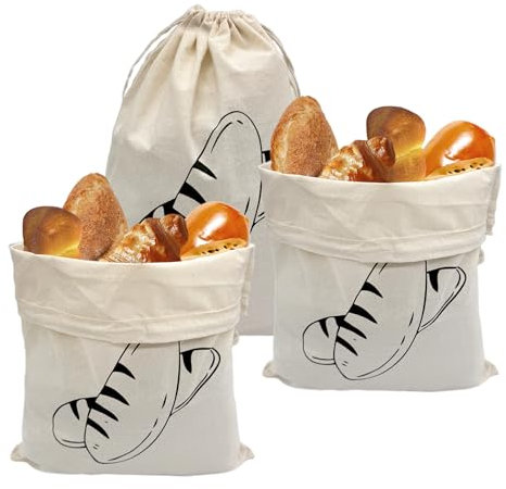LUMOOM Lot de 3 sacs à pain en lin - 40 x 30 cm - Avec cordon de serrage - Réutilisables - Pour pain, fruits, légumes